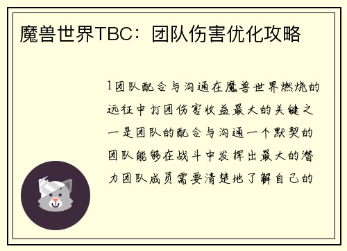 魔兽世界TBC：团队伤害优化攻略